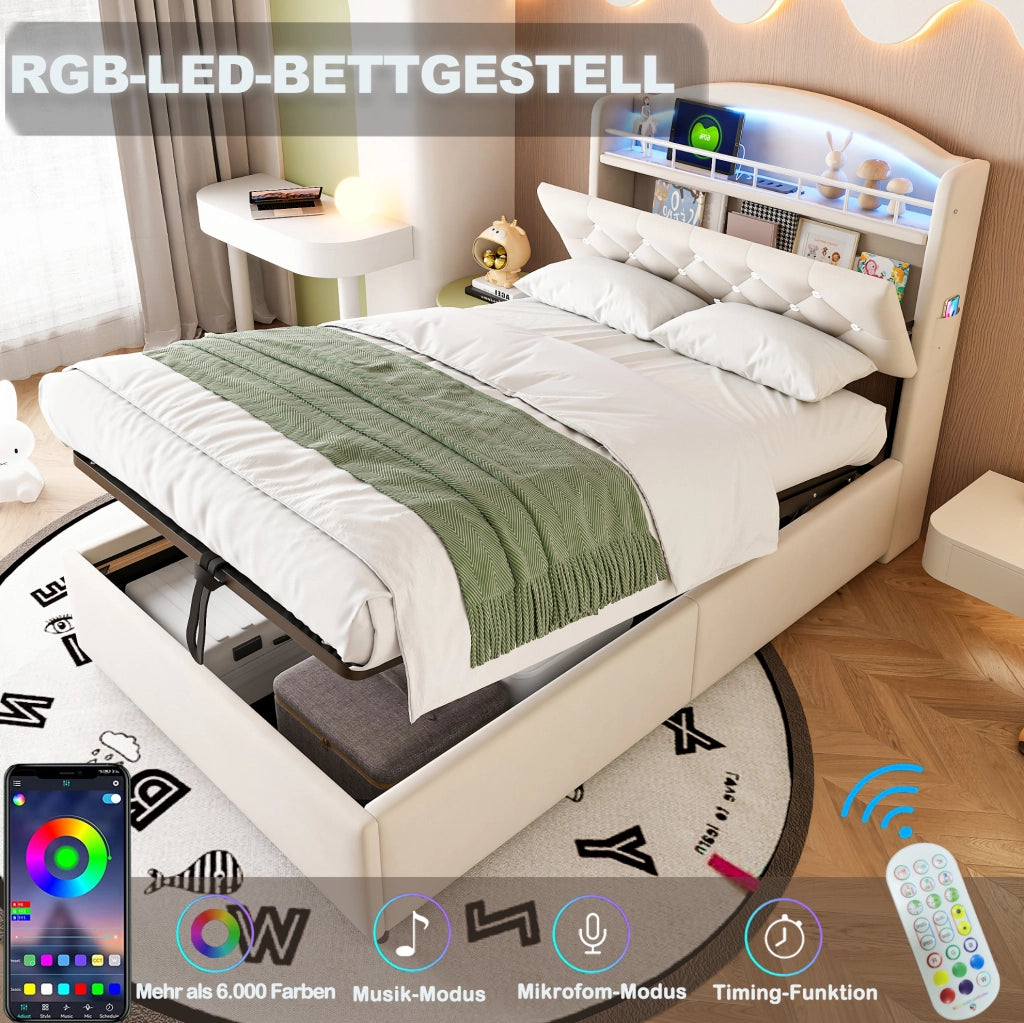 Letto imbottito per bambini 90x200 cm con LED, USB e vano contenitore beige