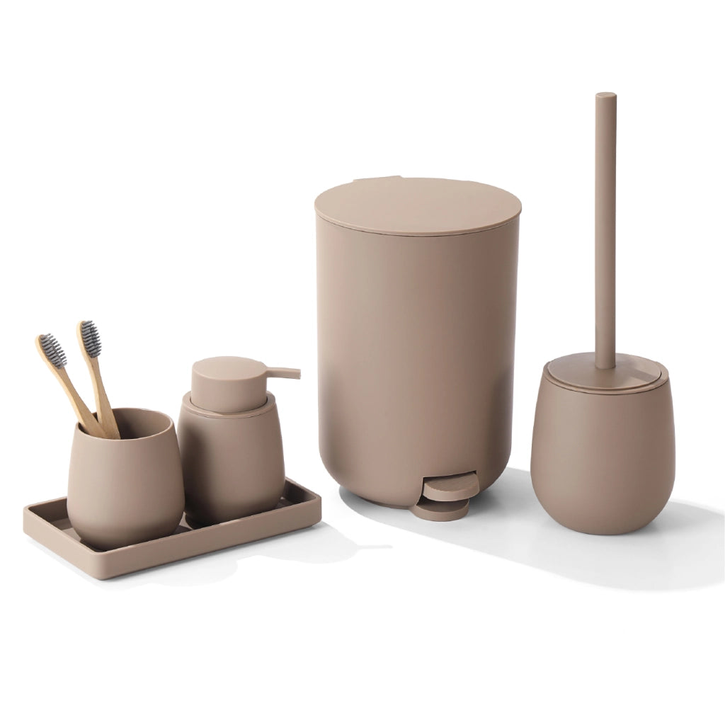 Set Accessori Bagno 6 Pezzi in ABS Completo Pattumiera con Pedale, Scopino WC, Dispenser Sapone, Porta Spazzolini, Bicchiere e Vassoio Antiscivolo Design Moderno e Resistente Caffe