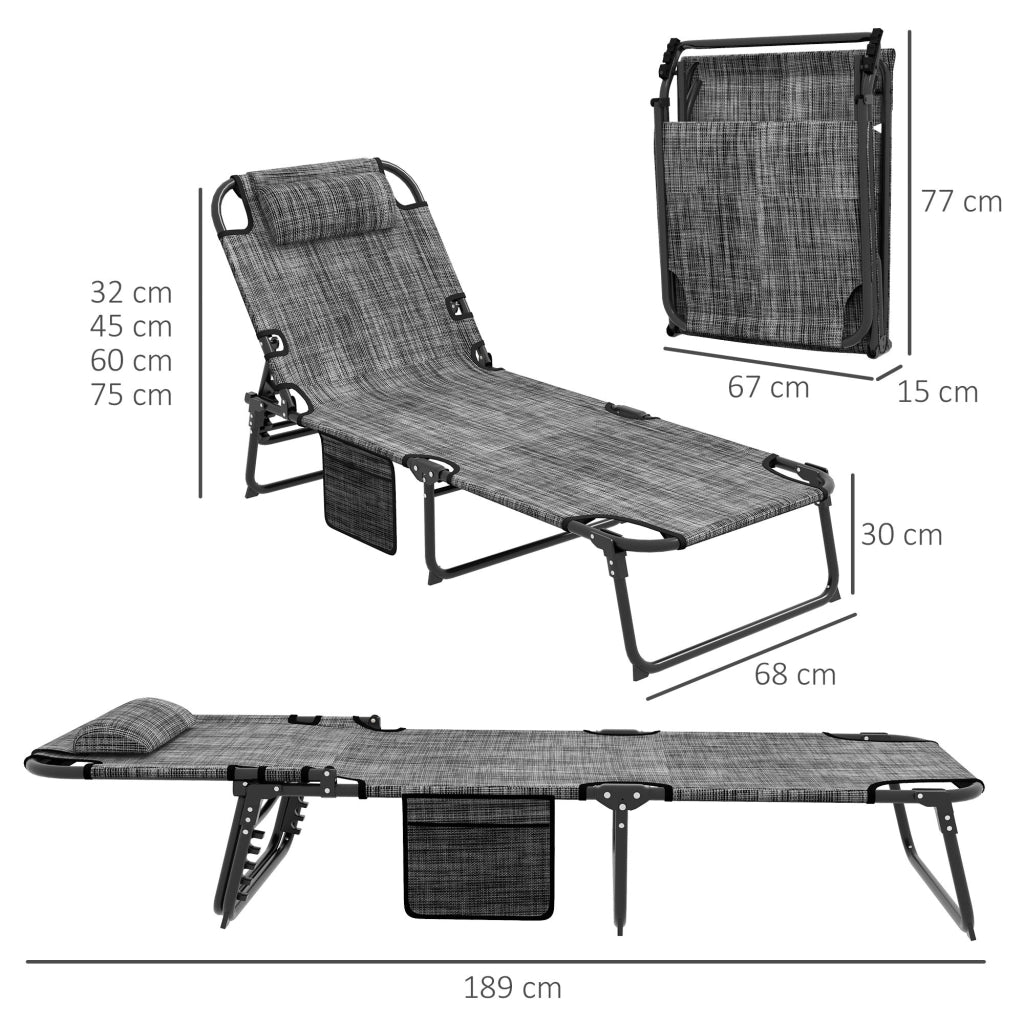 Lettino da Giardino Pieghevole e Reclinabile con Tasca Laterale 68x189x30 cm  Nero e Grigio