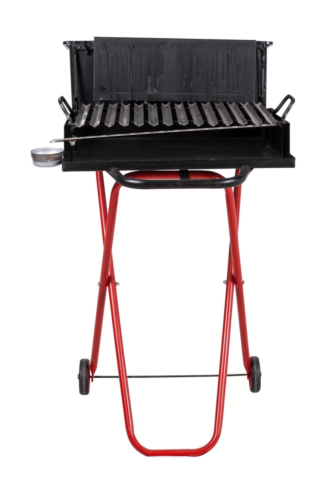 Barbecue a Legna Portatile con Griglia in Acciaio Inox, Ripiano Recupera Grassi, Pieghevole con Ruote, Made in Italy, Con tira braci e bicchiere raccogli olio OMAGGIO (MEDIO)