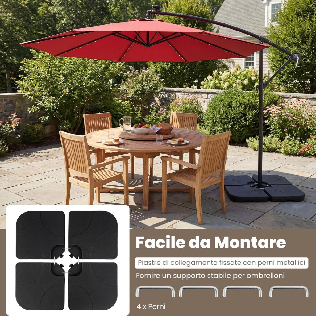 Base per Ombrellone in Plastica a 4 Pezzi, Supporto Ombrellone Riempibile 72 kg con Acaua e Sabbia, con Maniglia e 4 Perni in Meallo, per Patio e Bordo Piscina
