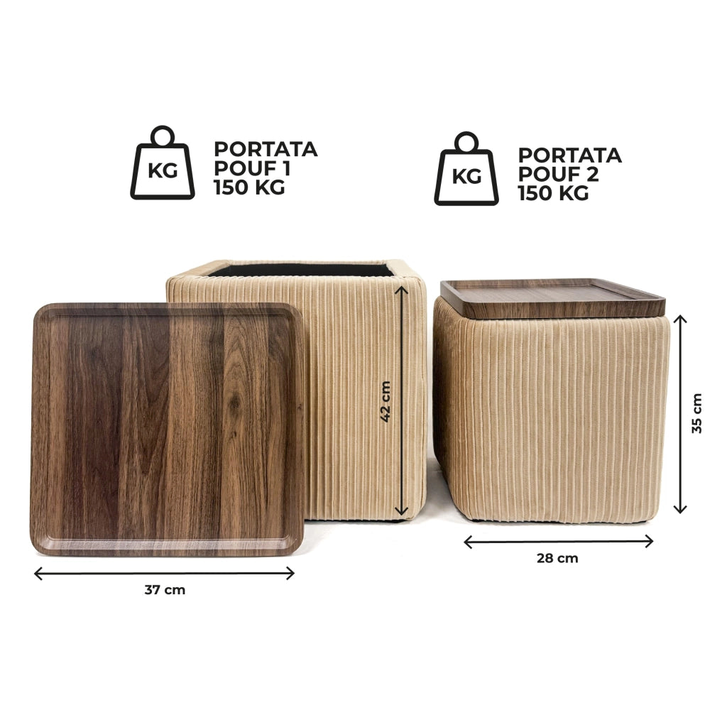 Set 2 Pouf Contenitore Quadrati in Velluto con Coperchio in Legno, Tavolino da Salotto Moderno, Pouf Contenitore Salvaspazio, Seduta Imbottita, Pouf Poggiapiedi Crema