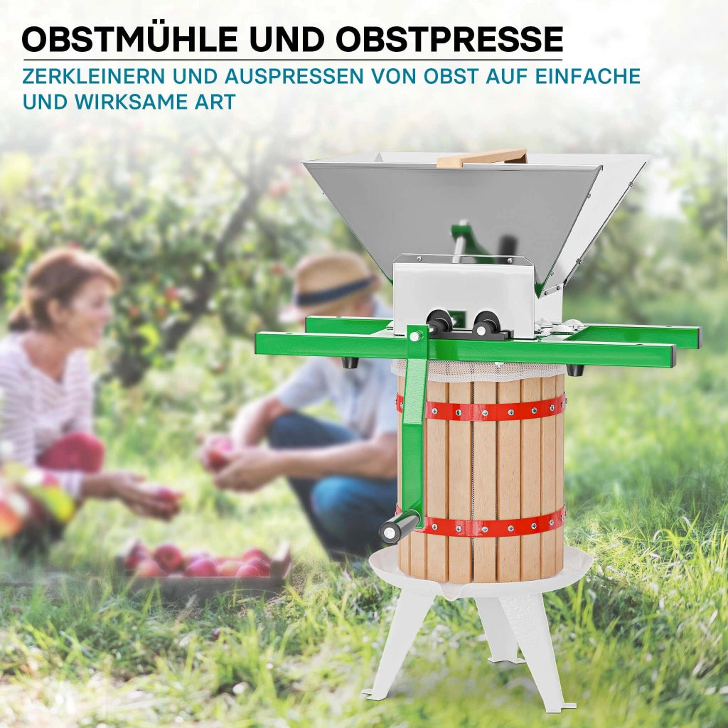 Set Mulino macina frutta 7 l e Torchio frutta 18 l con gabbia in legno e scacco di spremitura