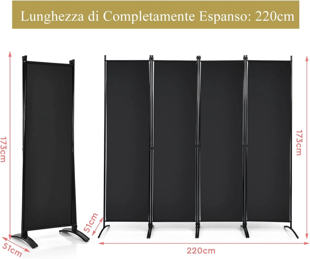 Paravento da Interno in Metallo, Separé Divisorio Interno Pieghevole con Piedini Stabili, Pannelli Divisori per Interni per Casa e Ufficio (Nero, 220 x 173 cm (4 Pannelli))