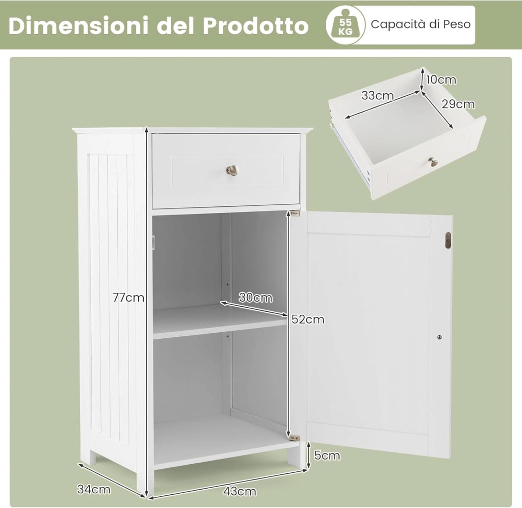 Armadio da Bagno con Ante e Cassetto 43 x 34 x 77cm, Mobile Bagno con Mensola Regolabile e Dispositivo Anti-ribaltamento, Armadietto Elegante per Ufficio, Soggiorno e Camera da Letto (Bianco)