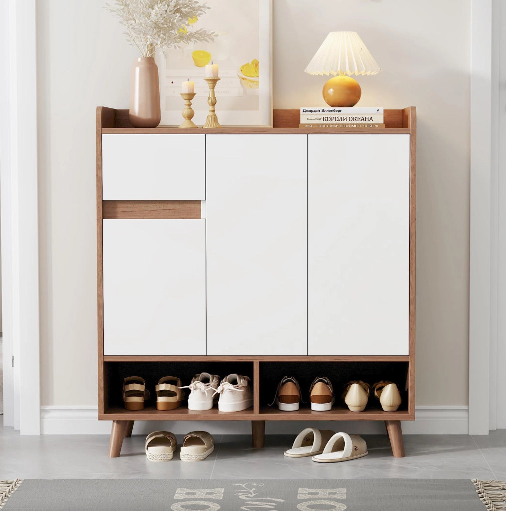 Mobile multiuso con ripiani regolabili 90x35x99 cm; bianco e naturale in truciolare