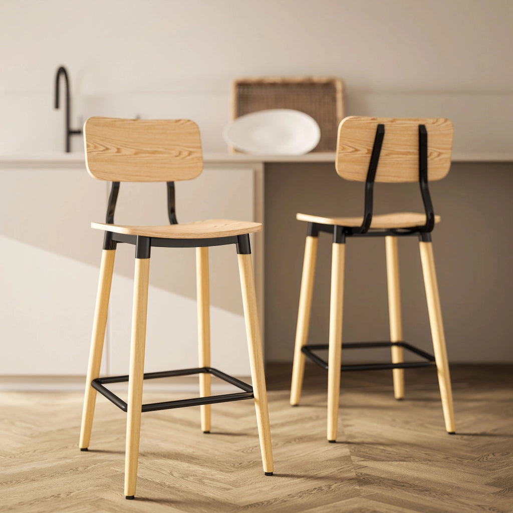 Set 2 Sedie da Bar con Schienale ¨C zephmum ¨C Legno e Metallo Colore Chiaro