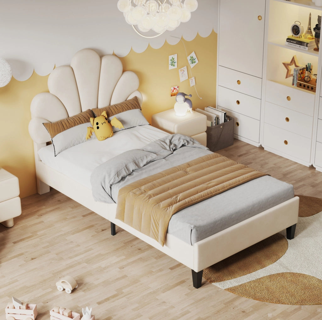Letto imbottito 90x200 cm in velluto beige con testiera floreale e rete a doghe