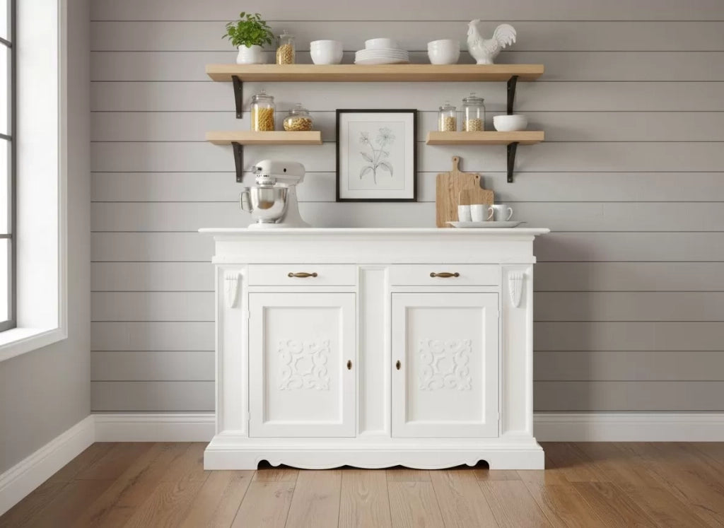 Credenza legno 2 porte 2 cassetti legno shabby bianco 170x55x123 - Mobili 2G