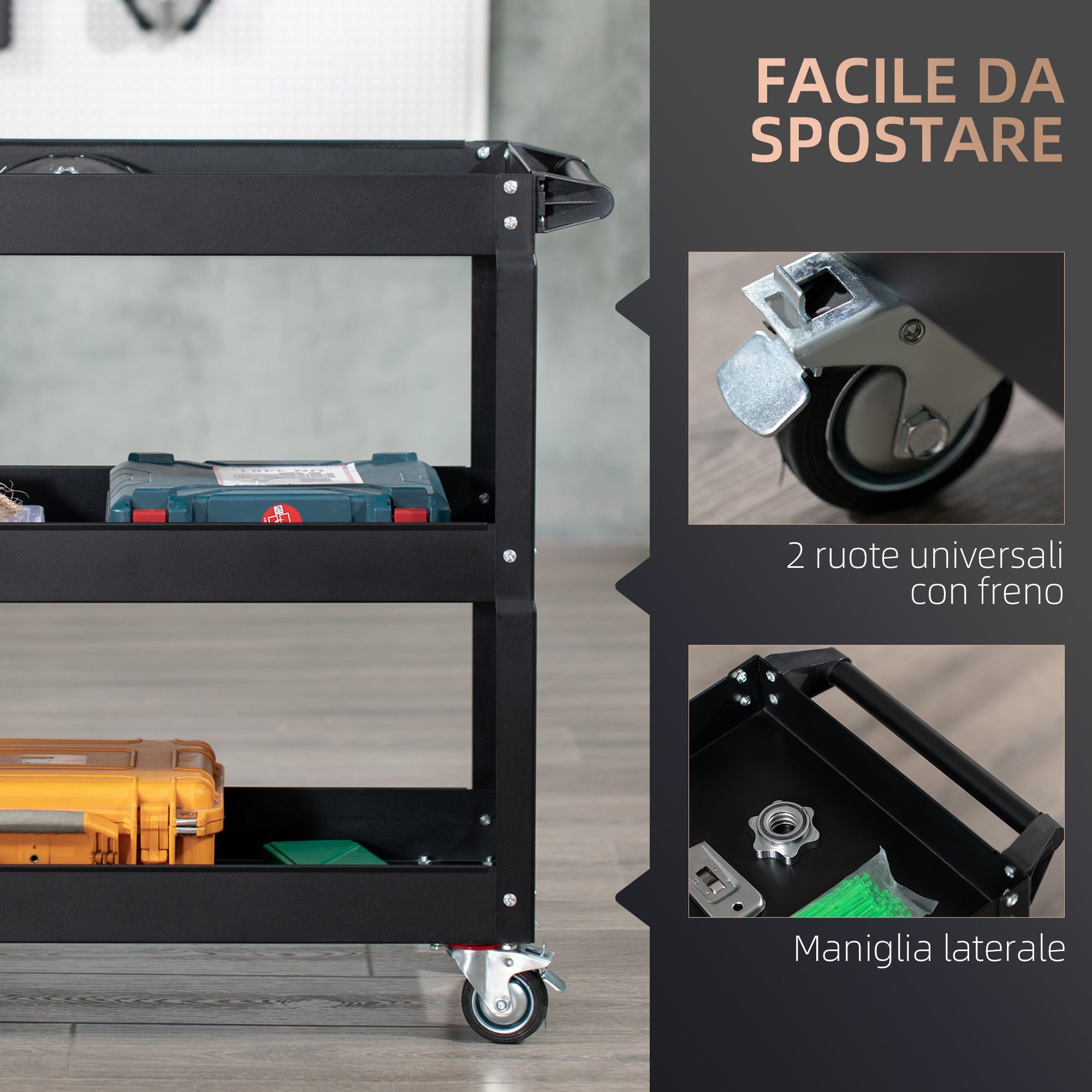 Carrello Porta Attrezzi a 3 Livelli 83x35,3x76 cm in Acciaio Nero