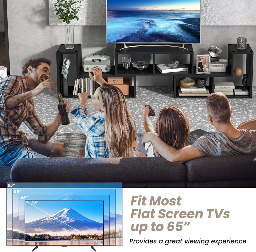Mobile TV con Ripiani Aperti, Supporto per TV Moderno Fino a 65 Pollici, Ideale per Soggiorno,Camera, 2 Colori,134-180x30x43 cm (Nero)