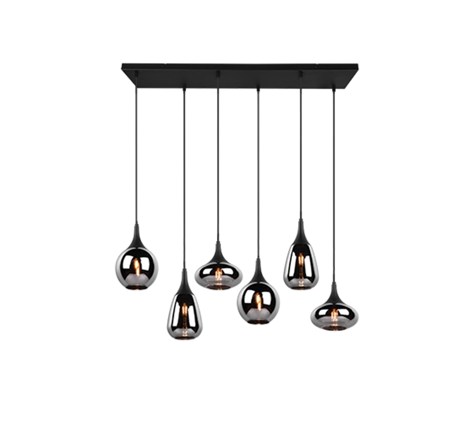 Lampada a sospensione 6 diffusori, metallo, nero e fumé, L 85 cm, Lumina