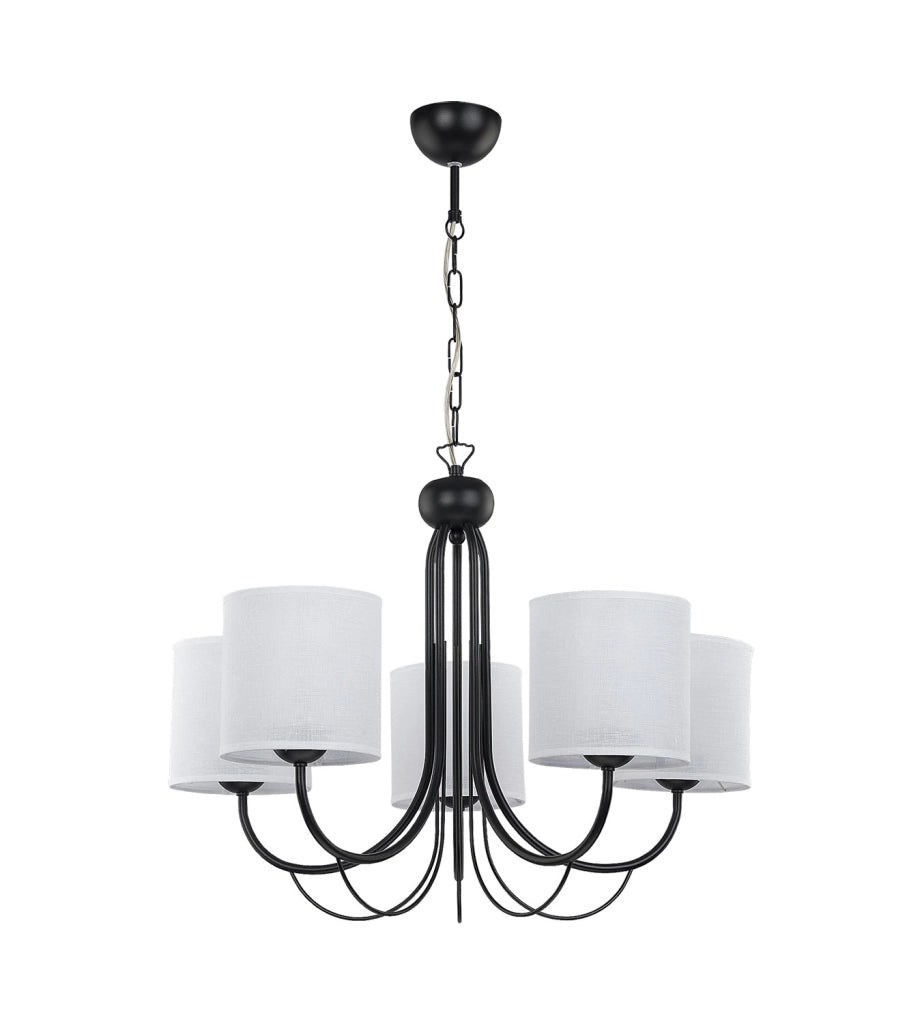 Lampadario 5 luci nero con paralumi bianchi E27 Jupiter