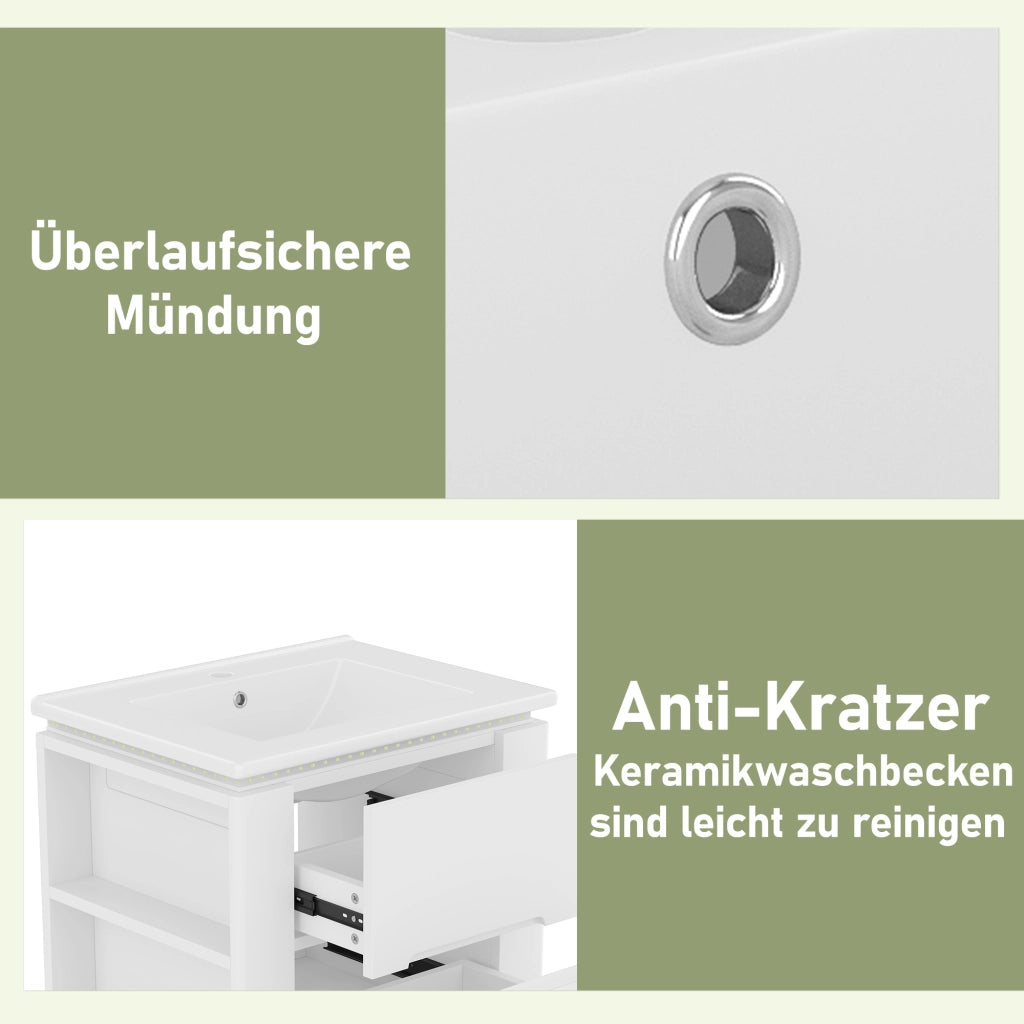 Mobile sottolavabo sospeso con lavabo in ceramica, 2 cassetti, illuminazione a sensore LED, bianco 61 × 46 × 48.5 cm
