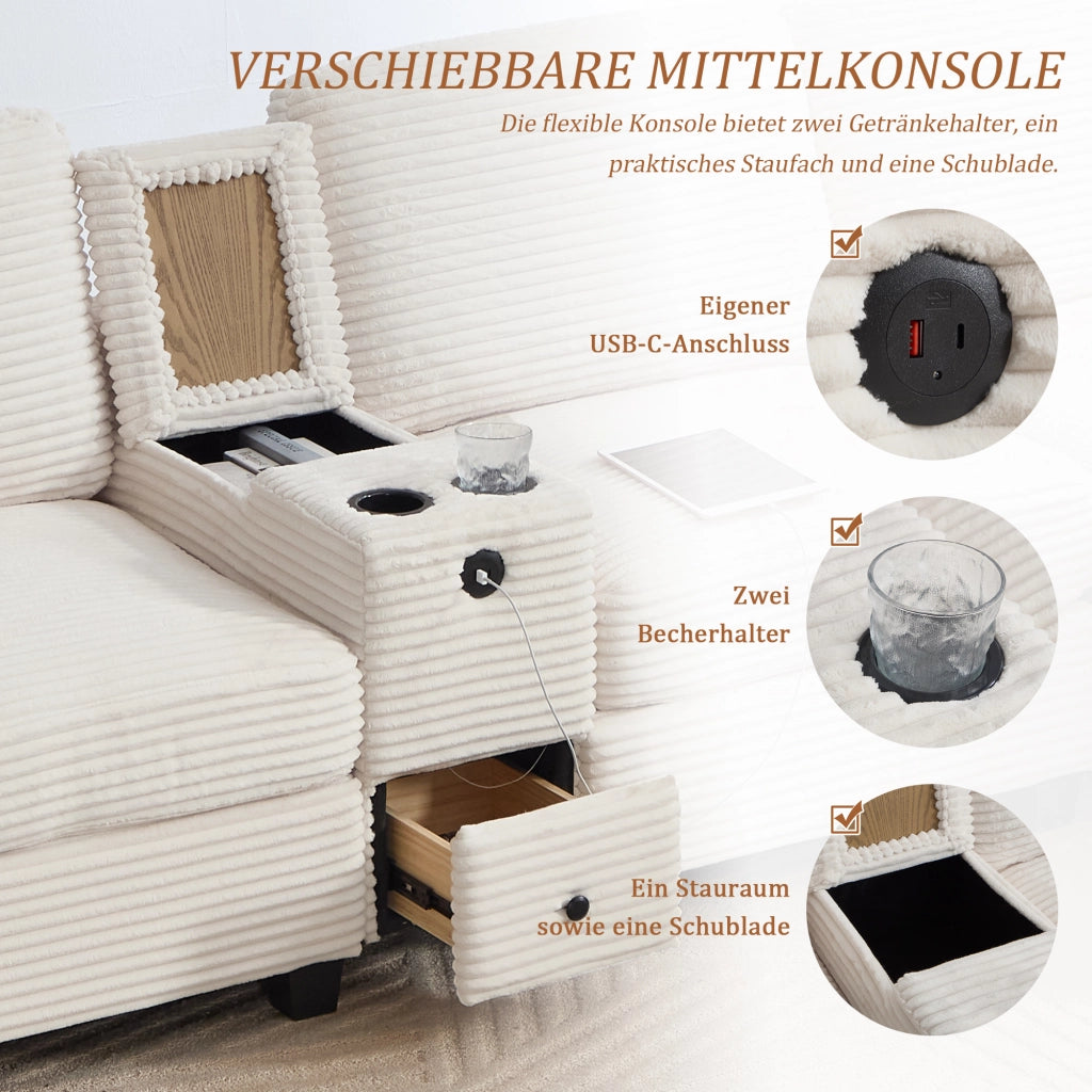 Divano modulare 4 posti - con console scorrevole e pouf contenitore - in velluto a coste beige