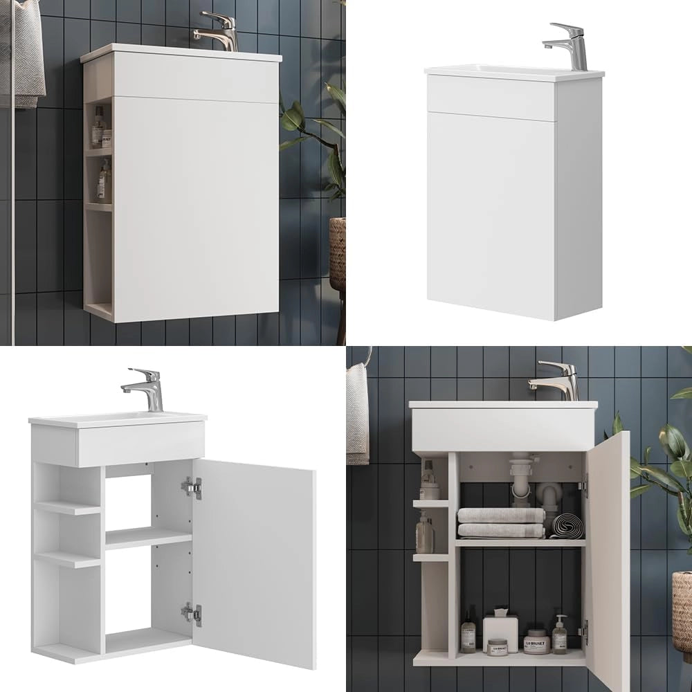 Set mobili bagno Amadeo, Bianco, 50 cm, composto da mobile sottolavabo e lavabo