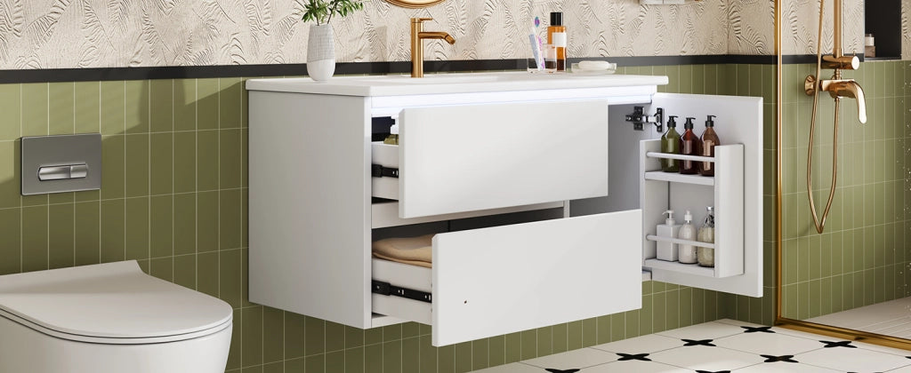 Mobile bagno sospeso con lavabo in ceramica, 91,5 ¡Á 46,5 ¡Á 50,5 cm, bianco, con 2 cassetti e luce LED con sensore radar