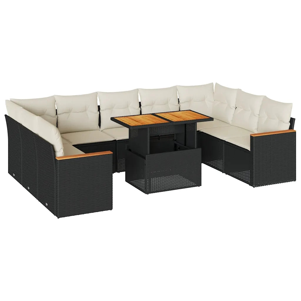 Set Divani Giardino 10pz con Cuscini Nero in Polyrattan Acacia 3327528