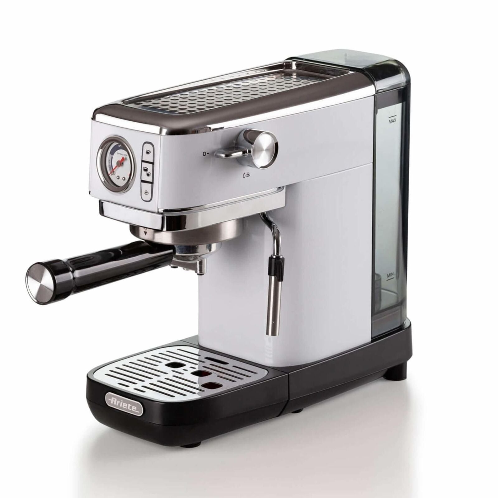 Ariete 1381 Macchina da caffè con manometro, compatibile con caffè in polvere e cialde ESE, 1300 W, Capacità 1,1 L, 15 bar di pressione, Filtro ½ tazze, Dispositivo Cappuccino, Bianco