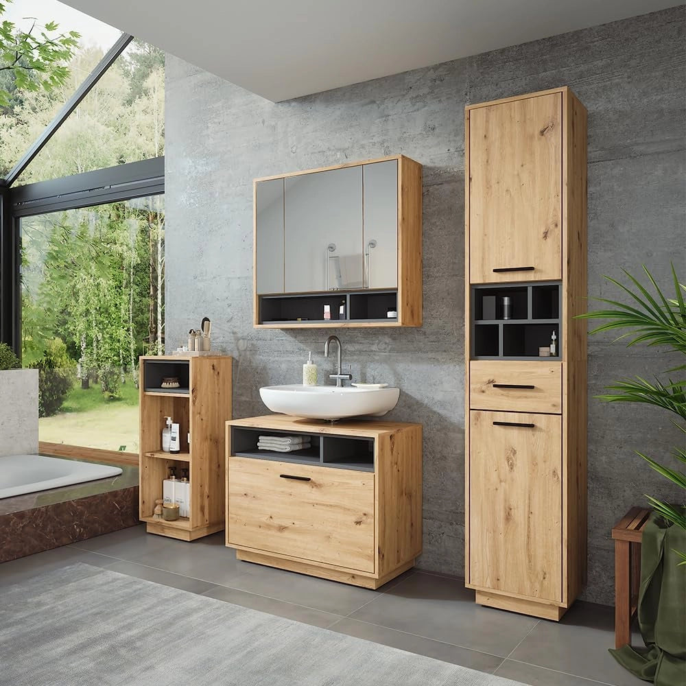Set di mobili da bagno Beatrice, Rovere artigianale/antracite, 80 cm, composto da mobile lavabo, pensile a specchio, colonna e base media