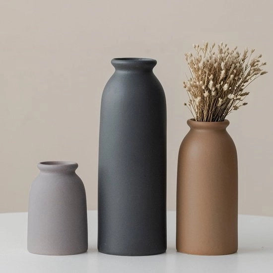 Set di 3 vasi ceramici, piccole vasi per fiori per decorazione, nero, arancione, giallo, bianco (Black Middle)