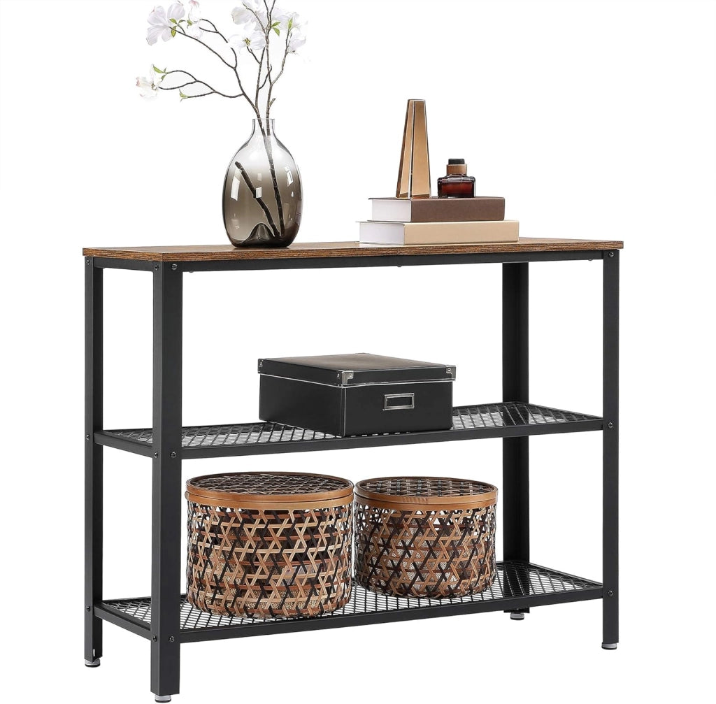 VASAGLE Tavolo da consolle, tavolino da salotto, credenza, con 2 ripiani in traliccio, per soggiorno, corridoio, 101,5 x 35 x 80 cm, telaio in acciaio, stile industriale, marrone rustico e nero