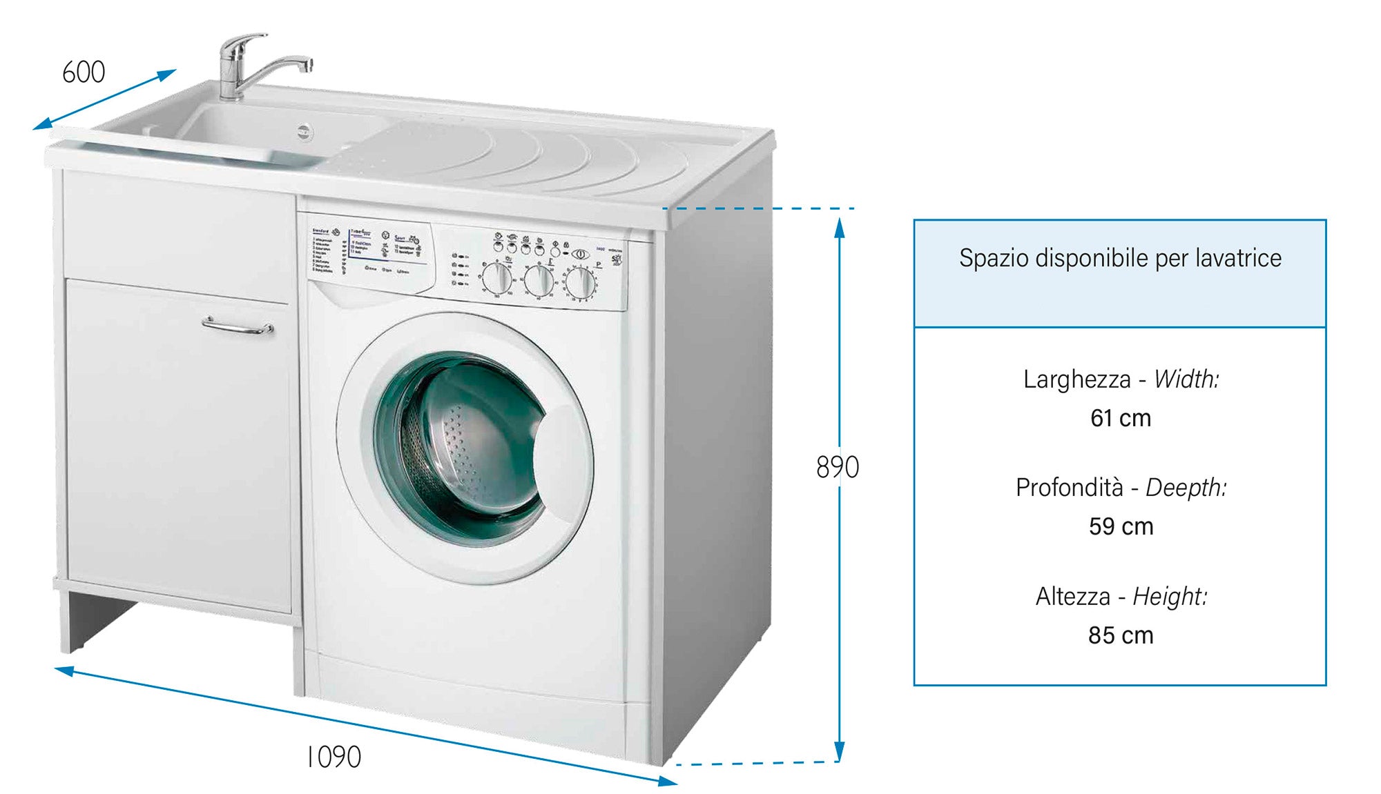 Lavatoio e Coprilavatrice in PVC 109x60x89 cm Forlani Tidy Bianco Lato Destro
