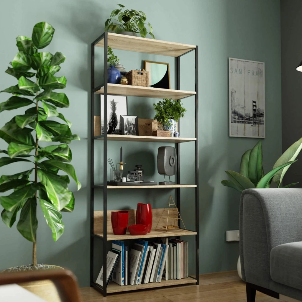 Scaffale stile industriale con ripiani in legno 80 cm Nera, Quercia Sonoma 80x32x192 cm