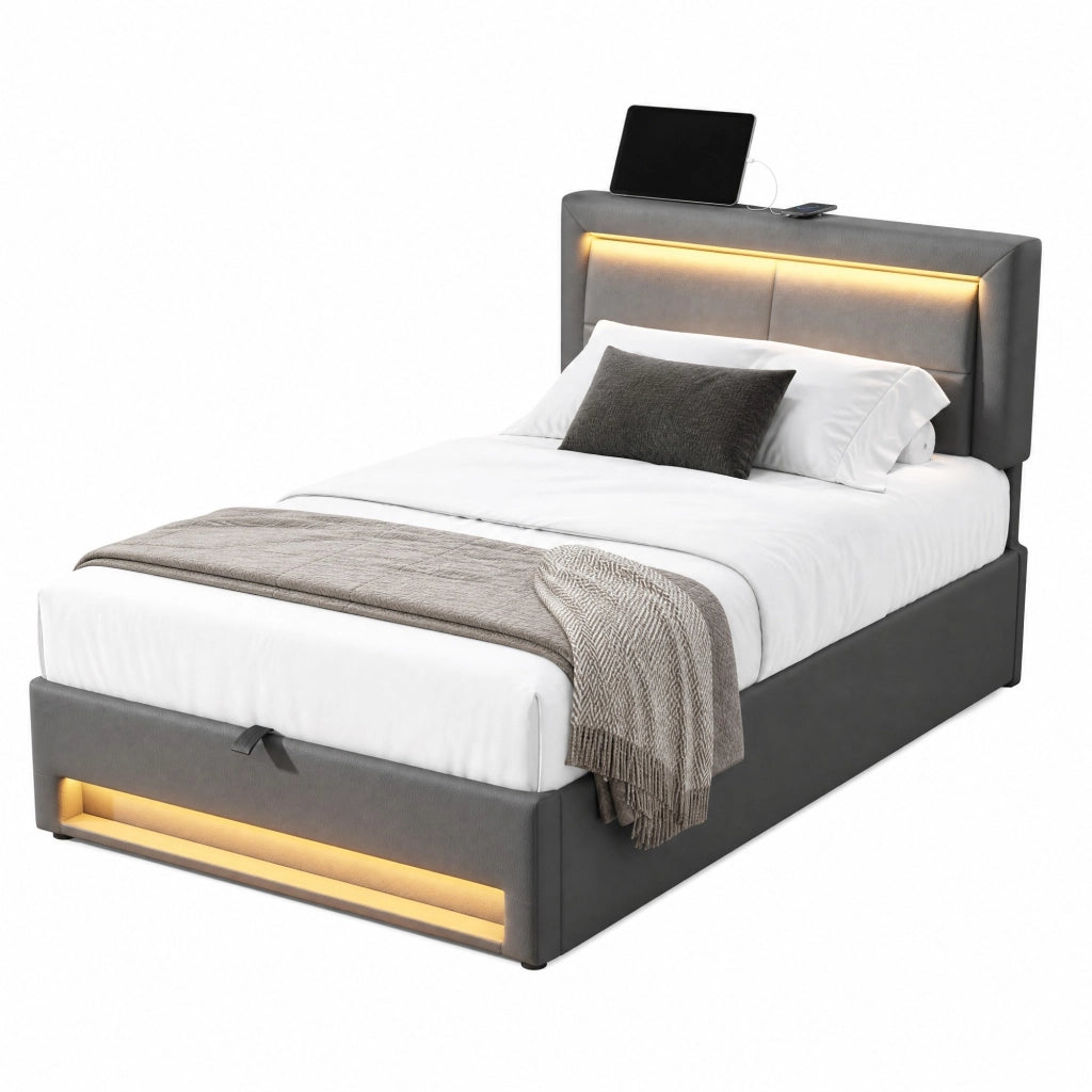 Letto imbottito 90 x 200 cm con USB, illuminazione LED e spazio contenitore, senza materasso, PU, grigio