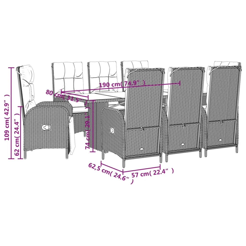 Set da Pranzo da Giardino 9 pz con Cuscini Nero in Polyrattan 3213516