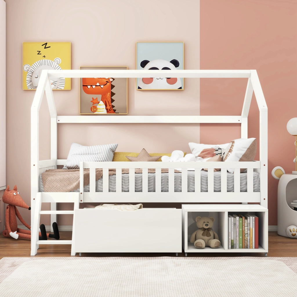 Letto a castello bianco con cassetti e scomparti 200x90 cm in legno massello di pino