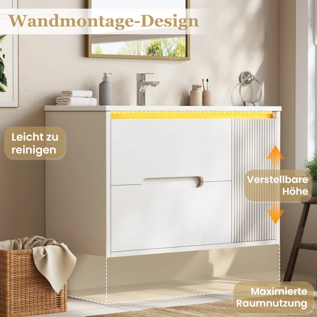 Mobile bagno sospeso 81 cm bianco con lavabo in ceramica e cassetti
