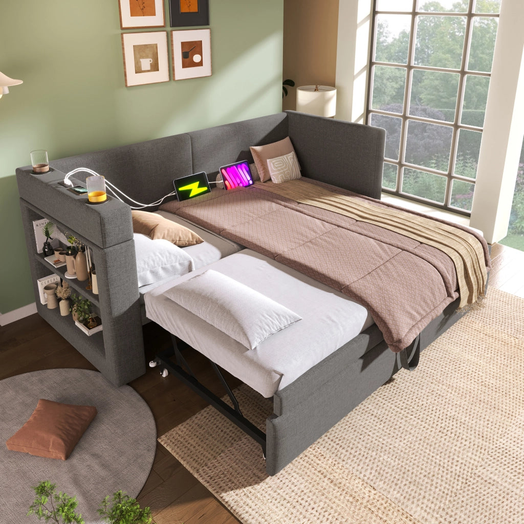 LETTO Daybed imbottito estraibile 90x200 cm Grigio con USB e Type-C senza materasso