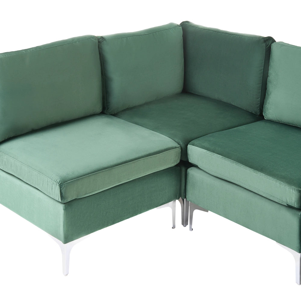 Divano ad angolo componibile versione sinistra a 4 posti in velluto verde con gambe in metallo argento stile glamour