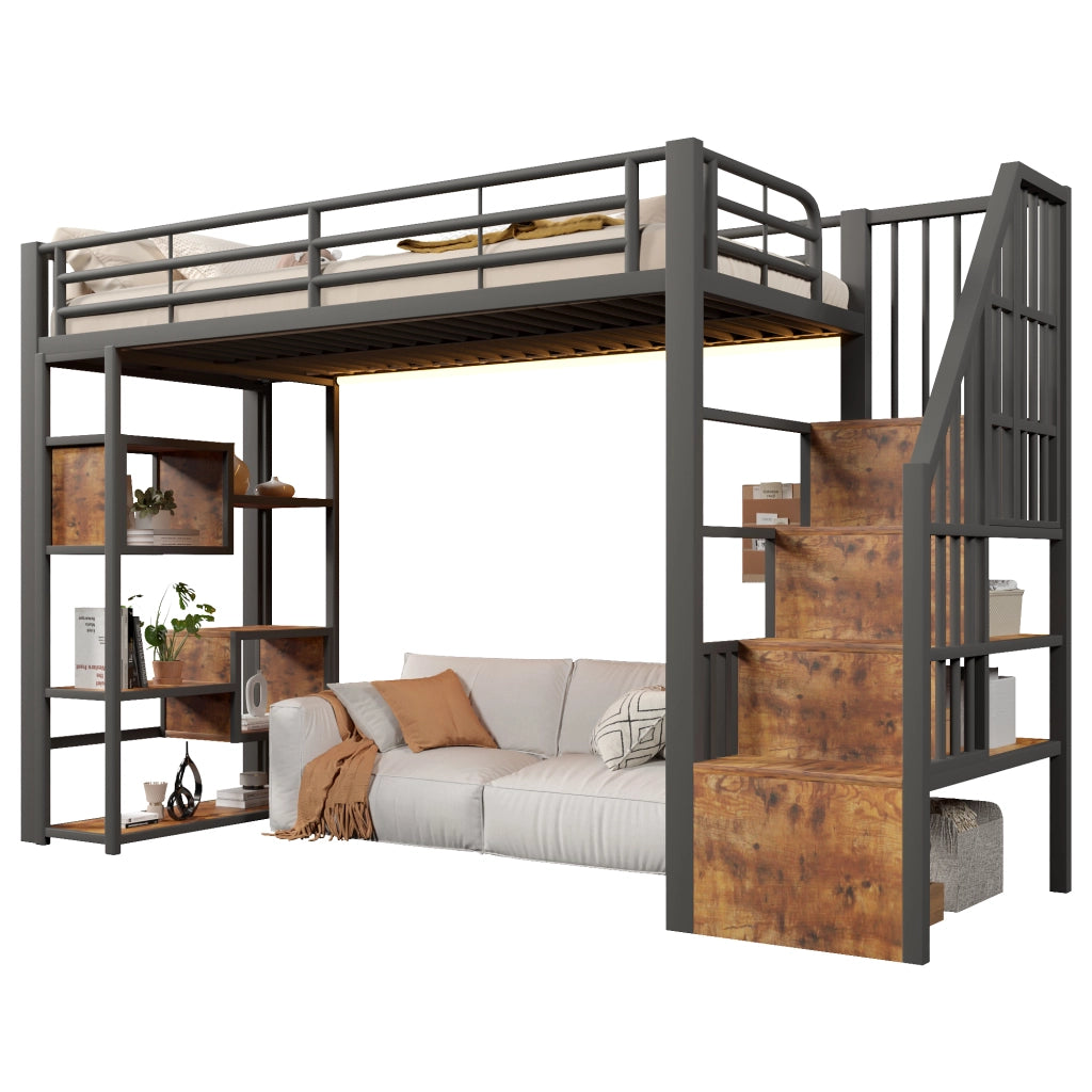 Letto a soppalco 90x200 cm con spazio libero sottostante; LED; ripiano; gradini integrati e parapetto; metallo nero