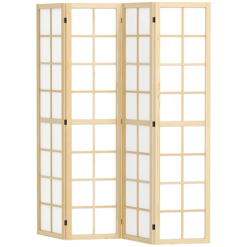 Paravento Pieghevole 4 Pannelli in Legno e Tessuto ¨C zephmum ¨C Legno e Bianco 160x170 cm