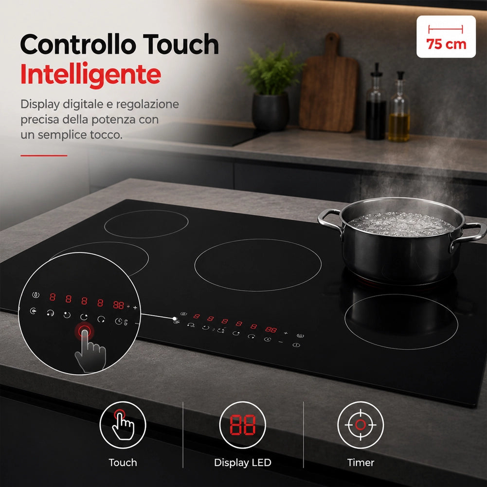 Piano Cottura a Induzione 75 cm in Vetroceramica Nero Controllo Touch 5 Fornelli