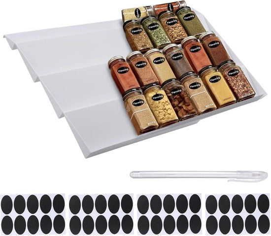 Organizzatore di spezie per cassetto estensibile con adesivi e pennarello - 30-60 cm – Set da 2 – 4 Livelli Organizzatore per cassetto di spezie – Inserto per cassetto di cucina – Sistema di archiviazione per cucina