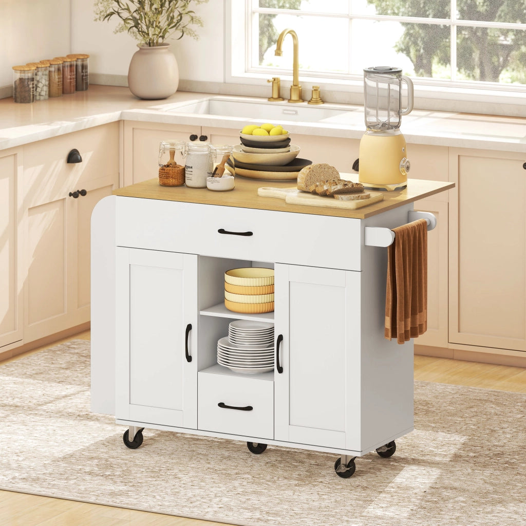 Isola cucina mobile con piano estraibile ¨C Xylo ¨C bianco MDF con cassetti e portasciugamani