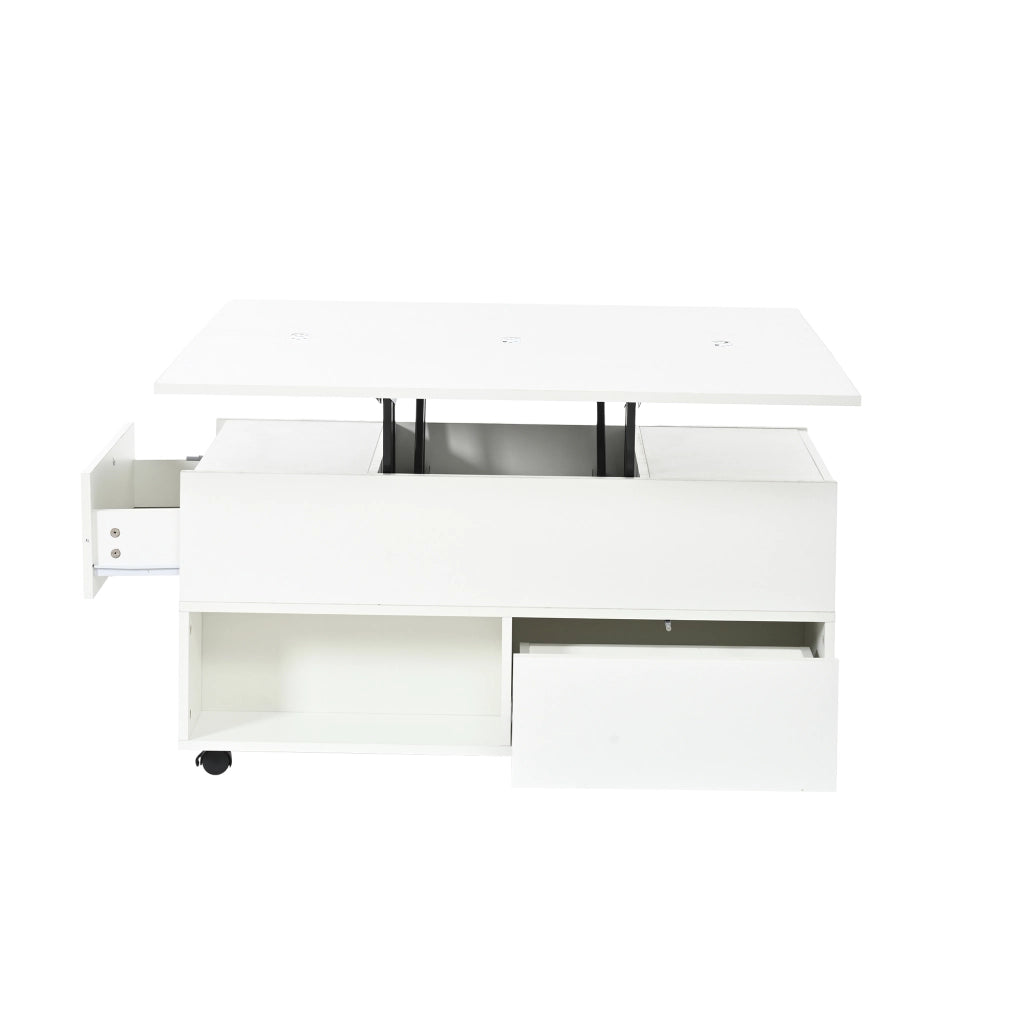 Tavolino da salotto regolabile in altezza, multifunzionale 3 in 1 con 4 cassetti, ruote e vano contenitore, bianco, 100x50x52 cm