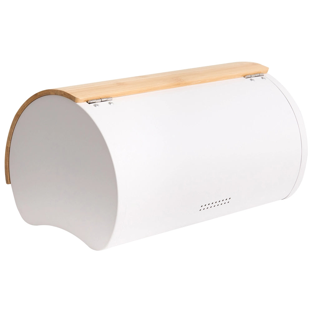 Contenitore per il pane in ferro bianco e marrone chiaro 38 x 24 x 20 cm Decorativo con coperchio in bambù Cucina scandinava moderna