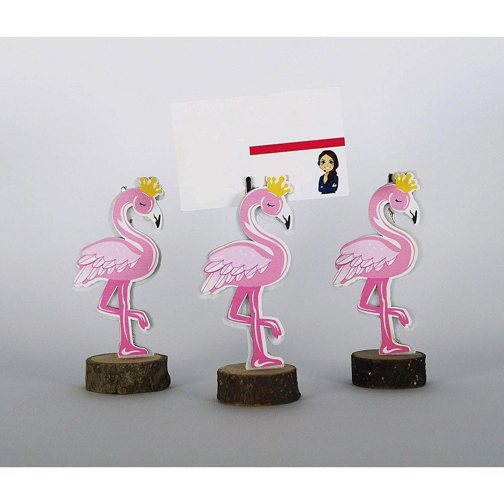 Trade Shop - Portafoto Fenicottero Rosa 3pz Base Legno Design Segnaposto Tavolo Bomboniera Festa -