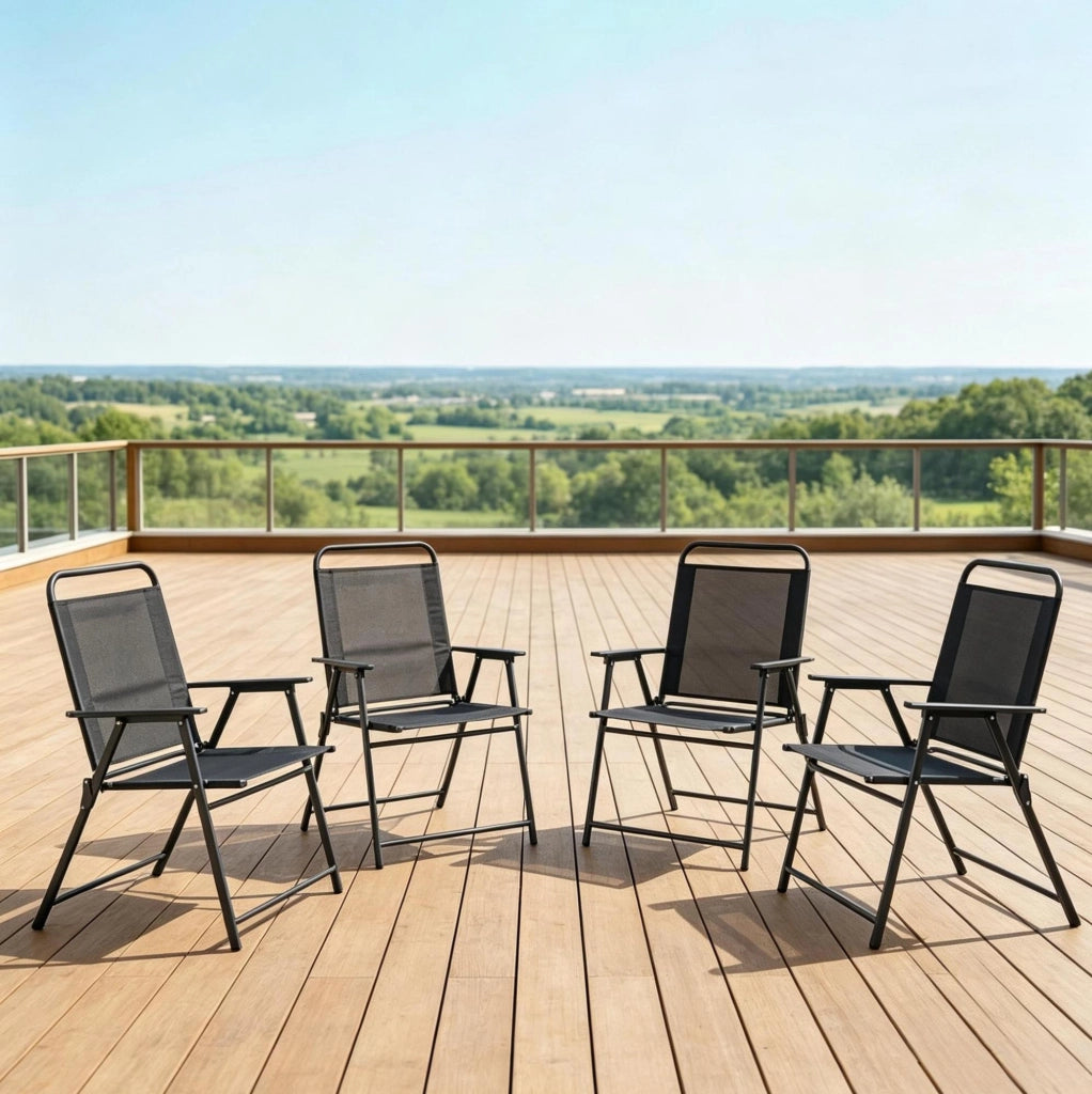 Set 4 sedie da giardino pieghevoli in acciaio e textilene nere; 65x60x94 cm