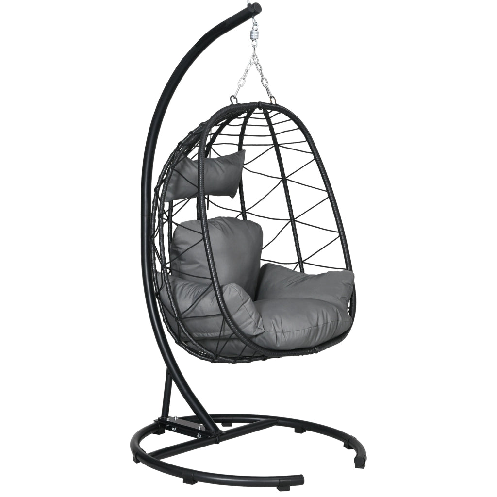 Poltrona sospesa in rattan con struttura in acciaio, cuscini e copertura impermeabile, nero