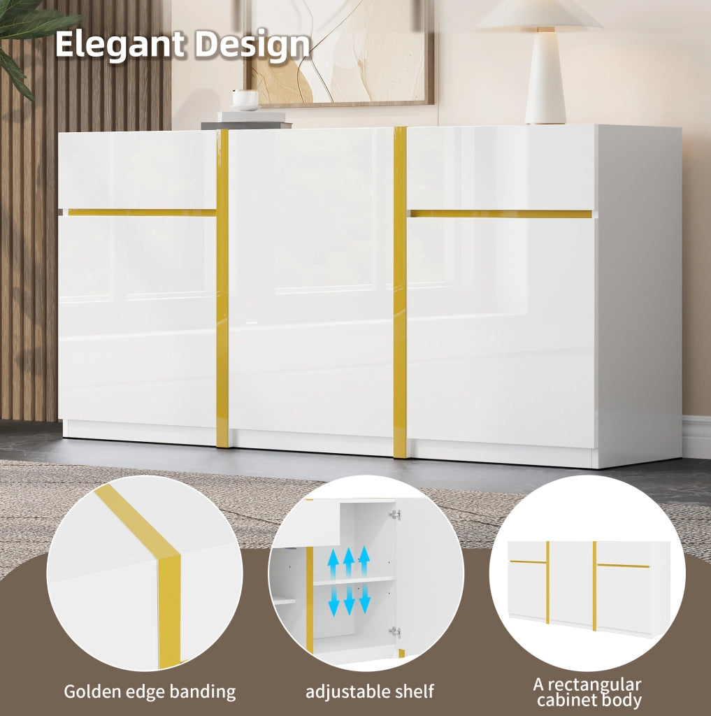 Sideboard bianco lucido 160x40x78 cm con 3 ante e 2 cassetti; MDF e pannello truciolare