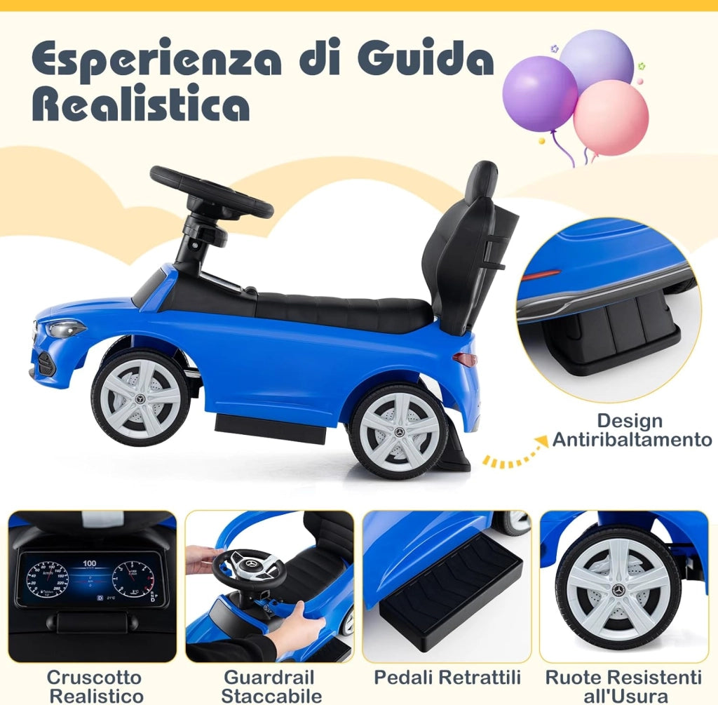 3 in 1 Auto a Spinta, Mercedes-Benz Macchina Cavalcabile, con Schienale Regolabile Suono Barra di Spinta e Tettuccio, per Bambini 18-36 Mesi (Blu)