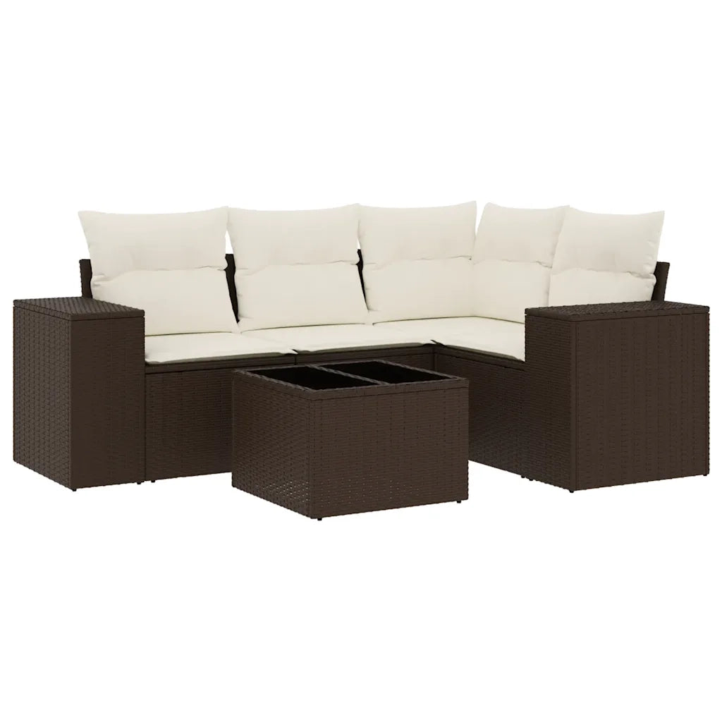 Set Divano da Giardino 5 pz con Cuscini-Sofa da Giardino-Divanetto da esterno Marrone in Polyrattan 274823