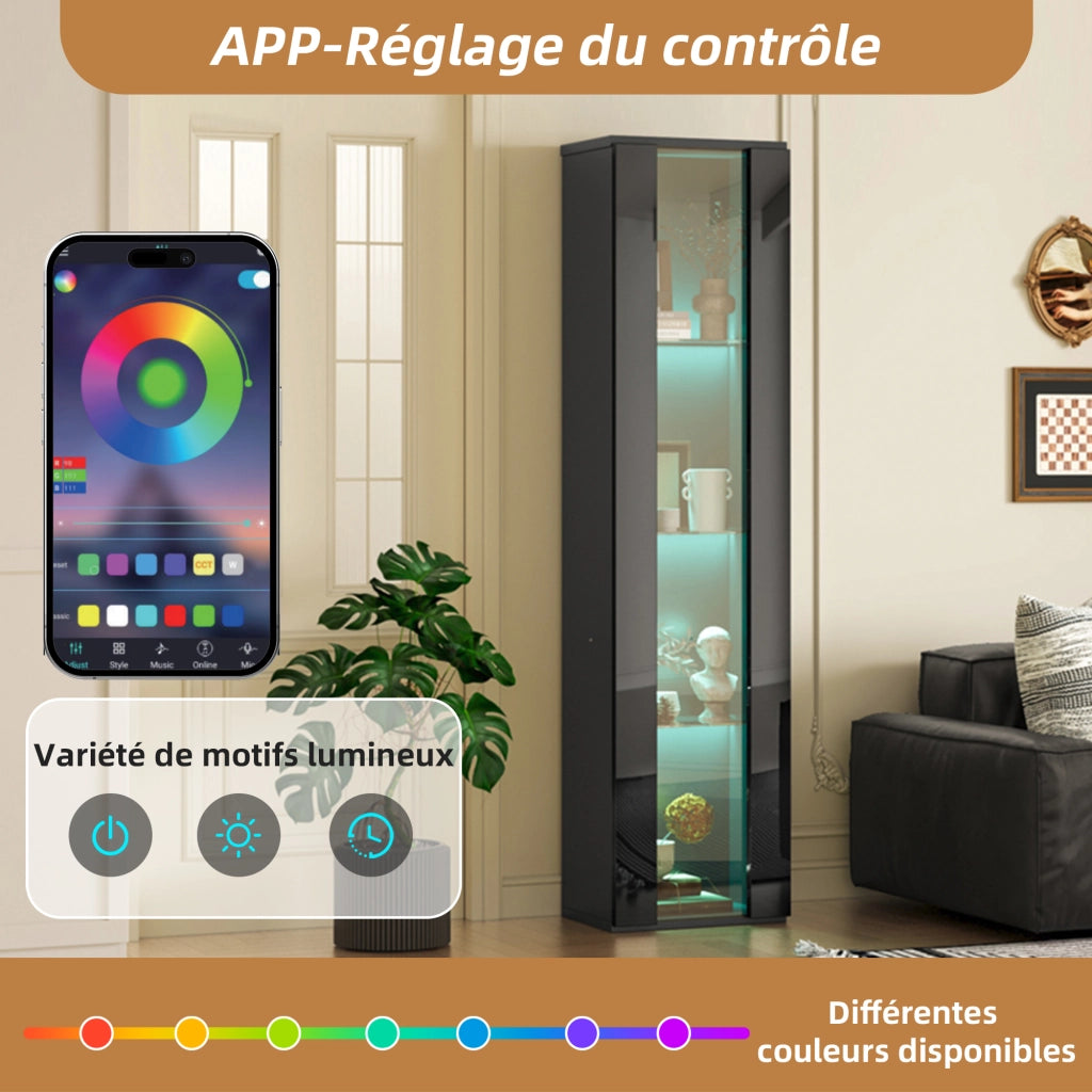 OKWISH Vetrina con 4 Livelli, Illuminazione LED con Cambio Colore, per Soggiorno, Nero, 40 x 29 x 170 cm