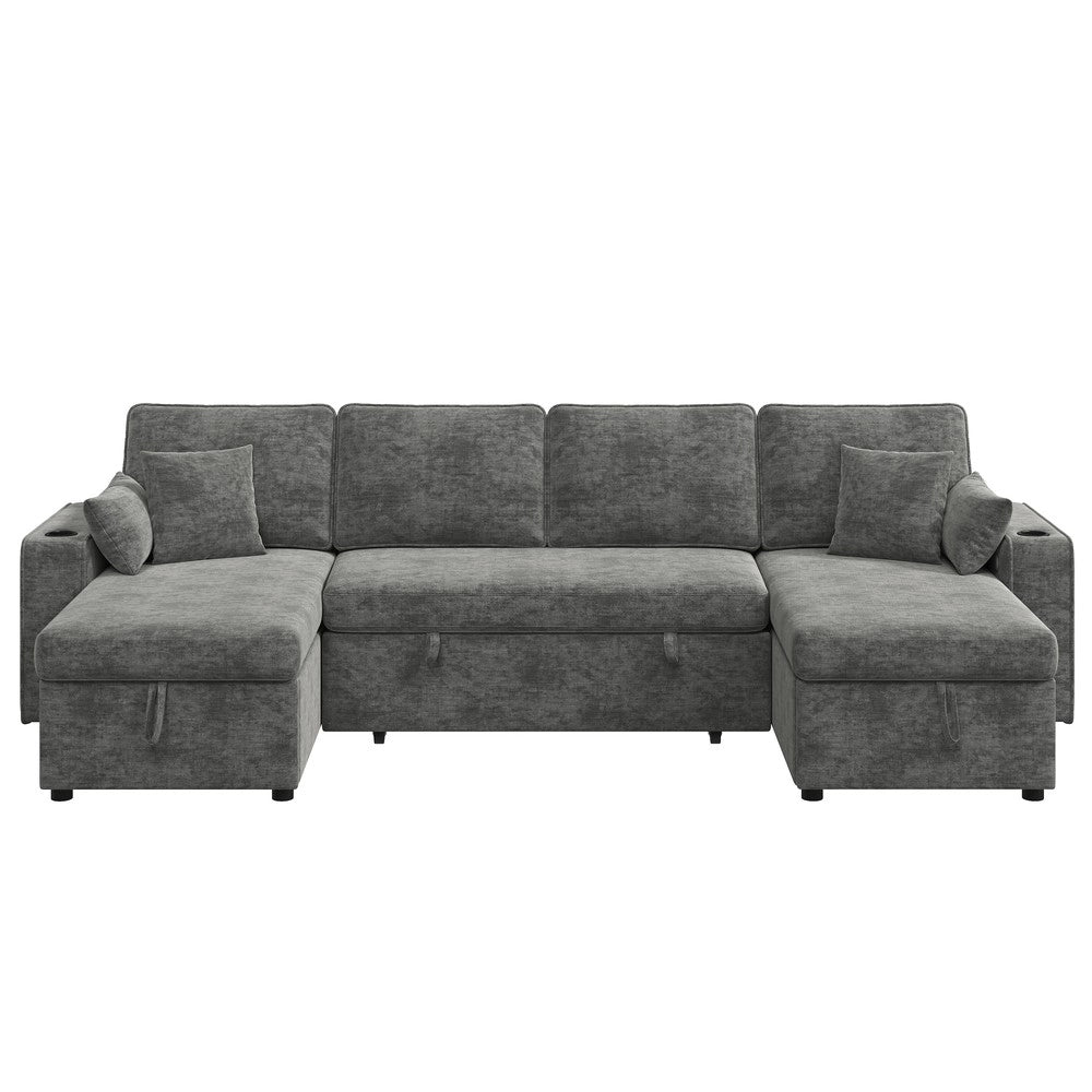 Divano Angolare a U con Funzione Letto, Contenitore, Dormeuse e USB ¨C Xylo ¨C Grigio