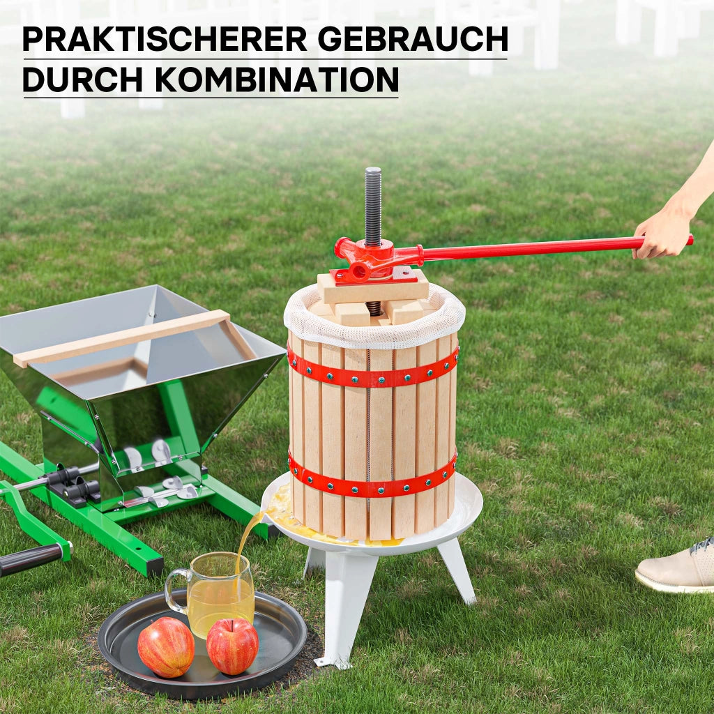 Set Mulino macina frutta 7 l e Torchio frutta 6 l con gabbia in legno e scacco di spremitura